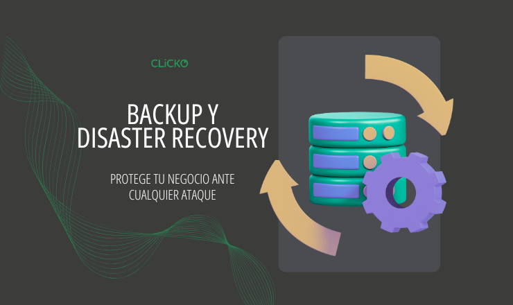 Ilustración de un servidor de bases de datos con un engranaje y flechas a su alrededor, representando los procesos de backup y recuperación de desastres para empresas con CLiCKO..